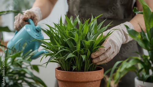 Person Waters a Green Plant in a Brown Pot During Plant Care at Home in the A...