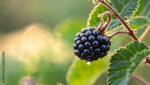 Ripe organic blackberry hanging on a bush branch in nature