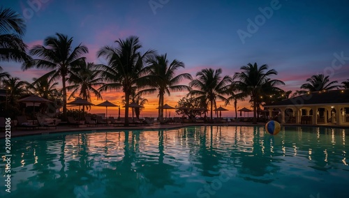 Sunset at a Resort Pool With Palm Trees and a Colorful Sky by the Ocean