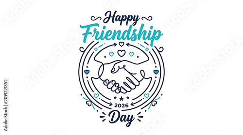Happy friendship day 2026 emblem design with handshake line art, friendship