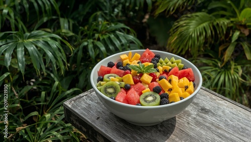 Fresh Fruit Bowl With Various Types of Fruit on Display Surrounded by Green L...