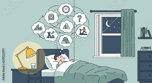 Tableau sur toile Stressed person lying in bed at night thinking about daily tasks and responsibilities