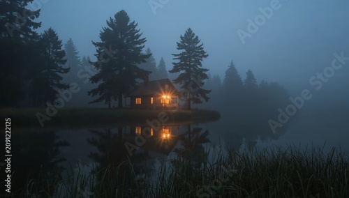 Cabin by the Water Surrounded by Trees in Foggy Weather During the Evening