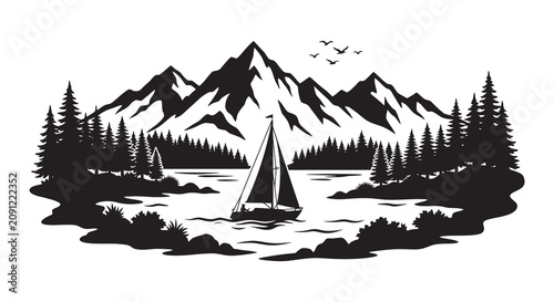 Schilderij op canvas Mountain lake scene with sailboat and birds black silhouette