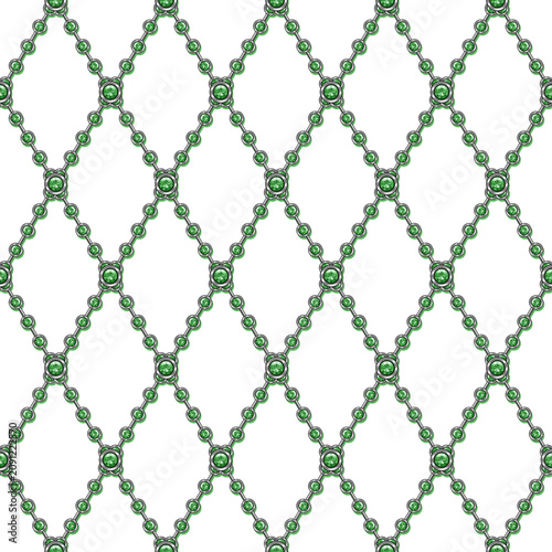 Schilderij op canvas Seamless pattern with jewelry silver chain with green gemstones arranged in geometric rhombic grid like lattice