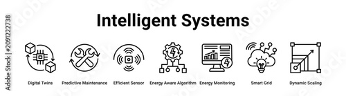 Valokuva Intelligent Systems web banner icon vector illustration concept for technology with icon of Digital Twins, Predictive Maintenance, Efficient Sensor, Energy Aware Algorithm, Energy Monitoring, Smart