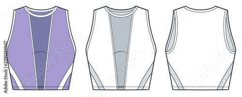 Women Cropped Tank Top Fashion Flat Technical Drawing Template, Lavender, Front and Back View with Outline, Activewear CAD Mockup