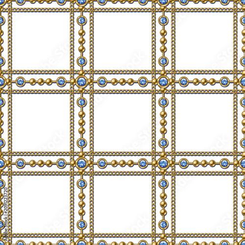 Seamless luxury pattern with golden chains, blue gems, rhinestones arranged in geometric square grid like lattice. Triple lines of ornament. Transparent background. Luxury design
