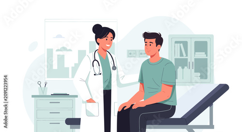 A friendly female doctor consulting with a male patient in a modern medical clinic office.