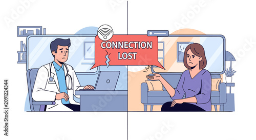 Photos Doctor and patient experiencing connection lost during a remote telehealth video consultation session