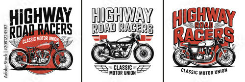Fotografie Three vintage motorcycle emblems featuring highway road racers text designs