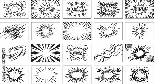 Canvastavla Comic book speed lines and explosion effects set hand drawn manga burst panels b