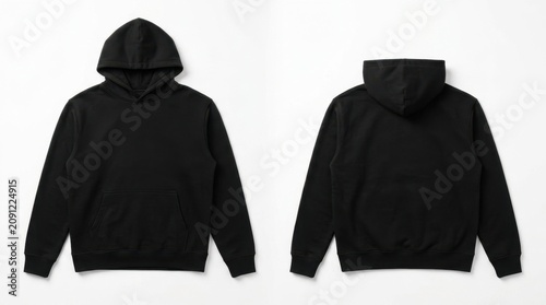 Blank Black Hoodie Mockup, Front and Back Views. Plain Pullover Sweatshirt Template for Design Presentation, Casual Apparel, Sportswear, and Street Style Fashion.