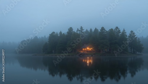 Misty Lake With Cabins and Reflection in the Early Morning Light