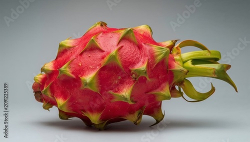 Bright Red Dragon Fruit on a Gray Background Shows Its Unique Shape and Textu...