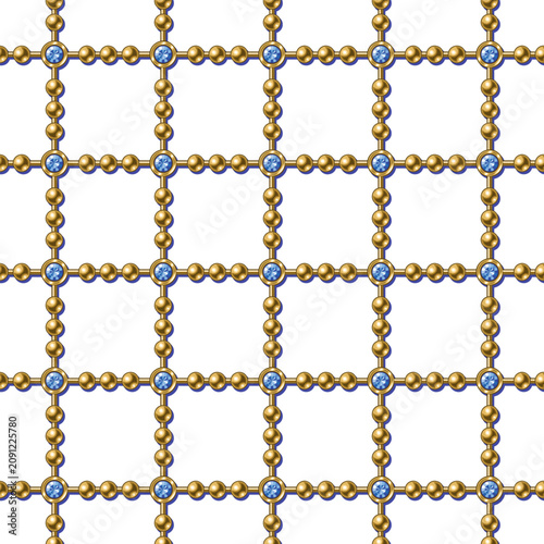 Seamless jewelry pattern with golden chains, blue gems, rhinestones arranged in geometric square grid like lattice. Blue crystals at intersection of grid lines. Transparent background. Luxury design