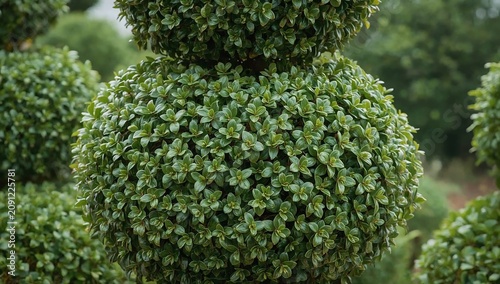 Bushes Shaped Like Balls in a Garden Show Greenery and Texture on a Sunny Day...