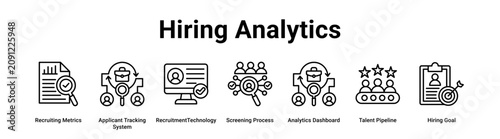 Hiring Analytics web banner icon vector illustration concept for business with icon of Recruiting Metrics, Applicant Tracking System, Recruitment Technology, Screening Process, Analytics Dashboard,.