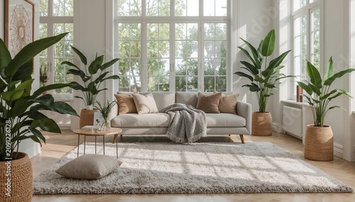 Cozy Living Room With Plants and Large Windows During Daylight Hours