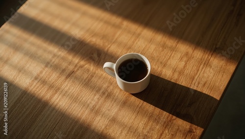 Coffee Cup on Wooden Table With Shadows From Sunlight