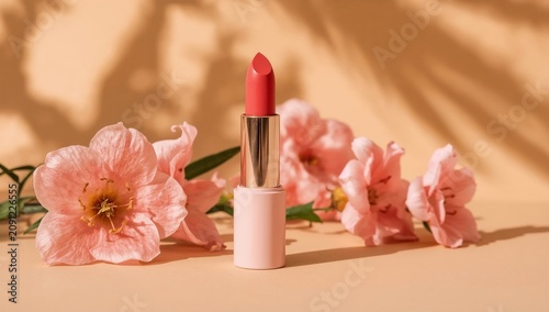 Lipstick and Flowers on a Soft Surface During Daylight in a Warm Setting