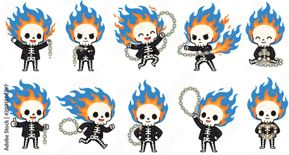 Fototapeta premium Flaming Skull Halloween Cartoon Character Set with Fire Chains Vectors