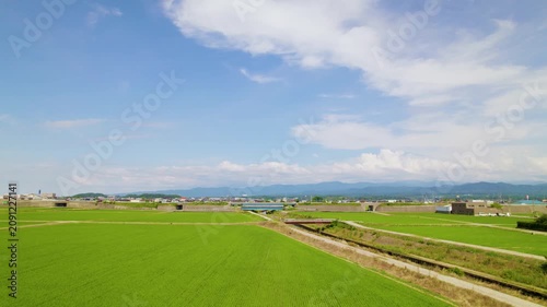 【ドローン空撮・ホバリング静止】青空と白い雲の下に広がる加賀平野の広大な水田と美しい街並みの定点映像（石川県小松市北部） / Aerial Drone Shot Hovering Over Wide Green Rice Fields and Rural Townscape under Blue Sky, Komatsu City, Ishikawa Prefecture, Japan.