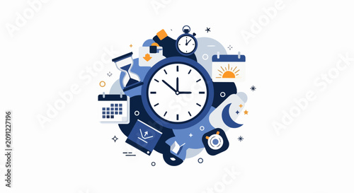 Time Management and Productivity Concept Illustration with Clock, Calendar, and Hourglass Icons
