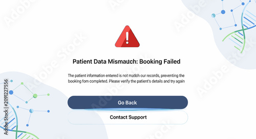 Tableau sur toile Medical appointment booking failed screen due to patient data mismatch error notification