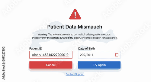 Foto Digital interface showing a patient data mismatch error message on a healthcare software platform