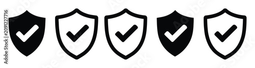 Shield check mark icon set featuring security protection and verification symbols, safety approval badges, trusted authentication signs, and black and white vector designs.