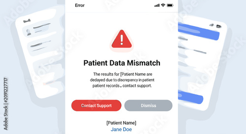 Quadro su tela Mobile application interface showing a patient data mismatch error notification popup