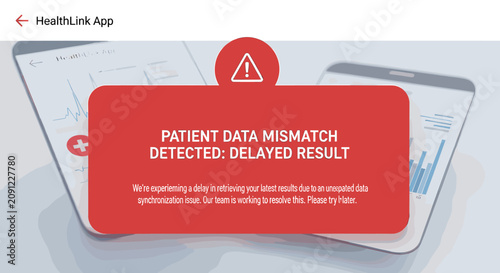 Photos Digital health application screen showing a patient data mismatch and synchronization error notification