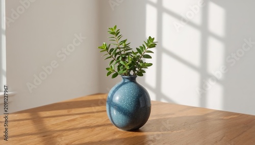 Plant Sits in Blue Vase on Wooden Table Near Window With Light Shadows in Bri...
