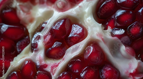 Vibrant Red Pomegranate Arils Close-up with White Pith.