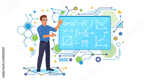 Intelligent male teacher presenting complex mathematical formulas on a digital whiteboard with abstract scientific graphics, concept for education, technology and innovation