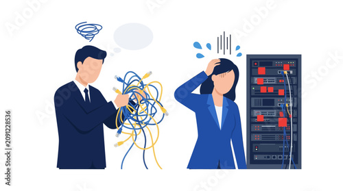 Obraz na płótnie Businessman and woman dealing with tangled wires at office server room causing s