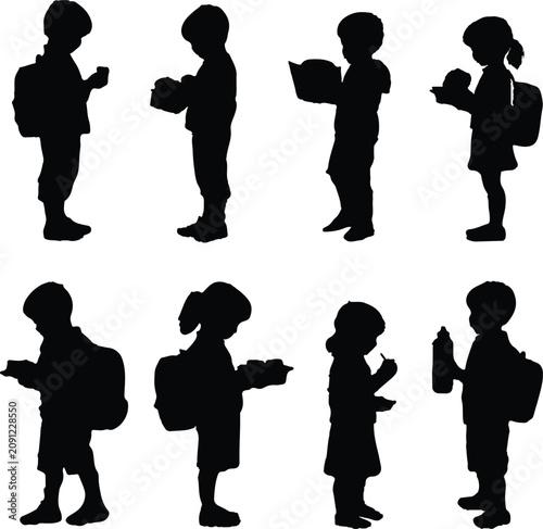 Detailed black vector illustration set featuring various silhouettes of young school children carrying backpacks and eating their healthy lunch snacks