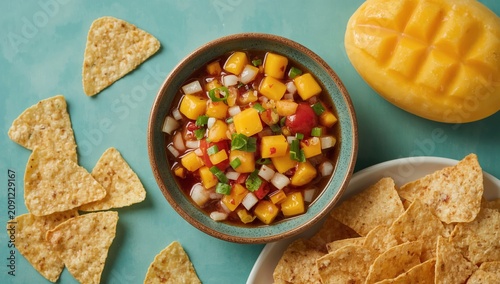 Mango Salsa Served With Tortilla Chips on a Light Blue Surface