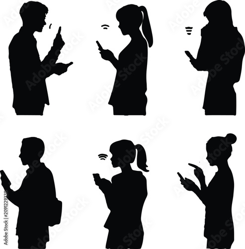 Black silhouette vector illustration of diverse people using their mobile phones for communication in a modern clean graphic design style