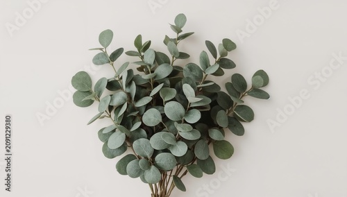 Fresh Eucalyptus Leaves Arranged on a Plain Background for Display or Decoration