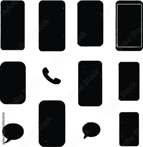 Simple black vector graphic illustration featuring various smartphone silhouettes and communication icons set against a clean and minimal white background