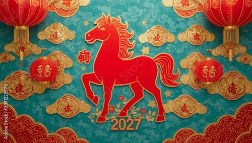 Celebration of New Year With a Red Horse Symbol and Lanterns for 2027