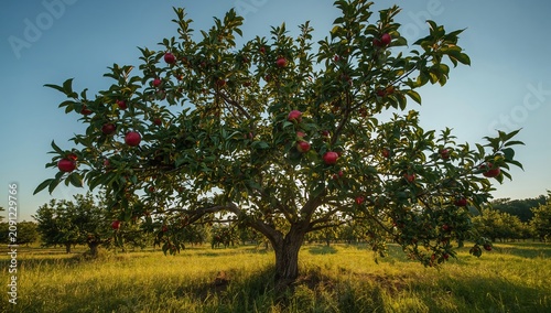 Apple Tree Stands in Orchard During Evening Light With Red Apples on Branches
