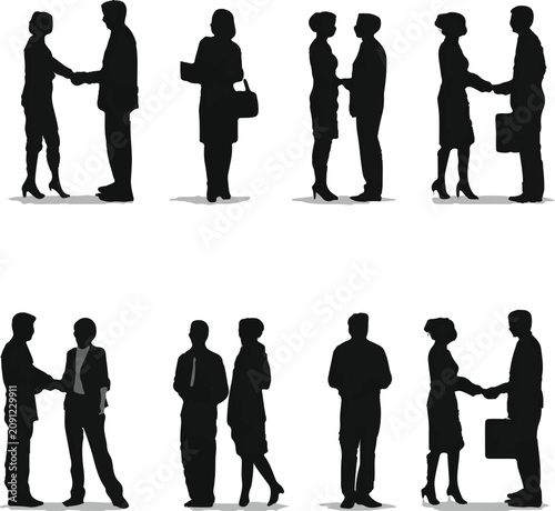 Professional business people silhouettes performing handshakes and standing in a collection of diverse vector graphic design poses for corporate projects