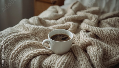 Warm Cozy Blanket With a Cup of Coffee on a Bed in a Simple Room in the Morning