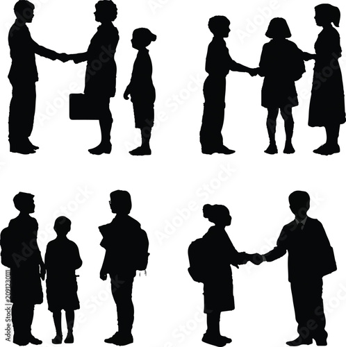 Black silhouette vector illustration featuring groups of school children shaking hands and interacting in a clean professional minimalist design style