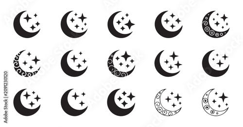 Collection of crescent moon and stars vector symbols featuring intricate patterns and simple solid designs.
