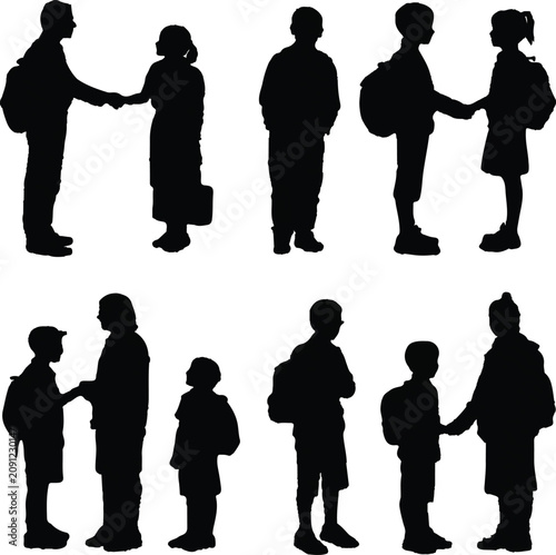 Black vector graphic illustration showing various silhouettes of school children standing together and shaking hands in a simple artistic style