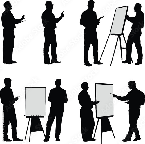 Professional business people silhouette vector illustration showing multiple men presenting strategy ideas on white flipchart boards during a corporate meeting